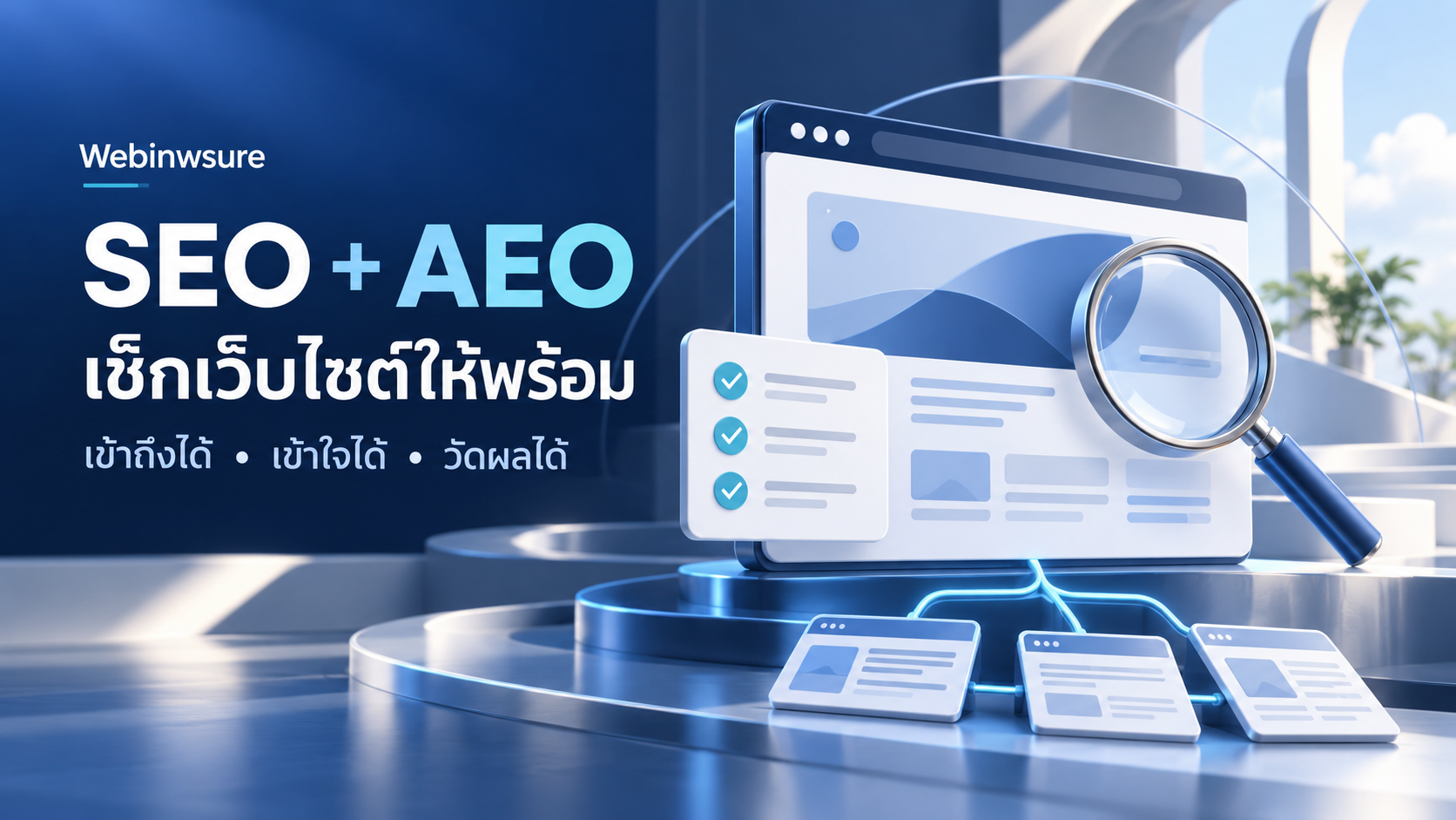 ภาพปก SEO และ AEO แสดงหน้าต่างเว็บไซต์ แว่นขยาย และรายการตรวจความพร้อม